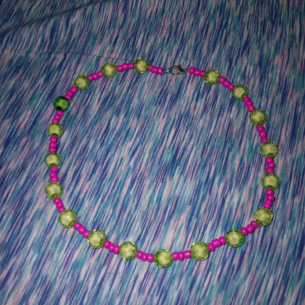 Hand Crafted Lime green crystals and neon pink Beaded choker statement necklace